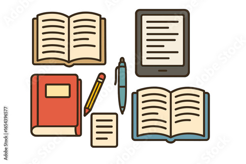 Cartoon vector illustration of reading and writing tools. Open books, notebook, pencil, pen, digital e-reader tablet, note paper. Creative layout for education, study, literature concepts.