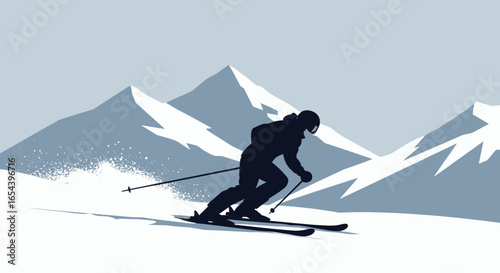 Silhouette of a skier skiing downhill with snowy mountains in the background