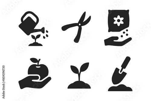 Garden maintenance icon set. Solid glyph vector collection for gardening tasks. Watering can, pruning shears, fertilizing, harvesting apple, planting sprout, shovel icons.