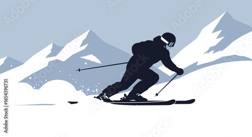 Silhouette of a skier gliding down a snow covered slope with mountain background