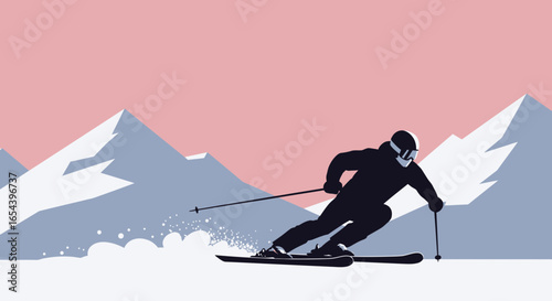 Minimalist ski scene with skier and mountains, symbolizing freedom and adventure