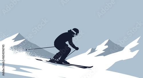 Silhouette of a skier carving down a snowy mountain slope with mountain range