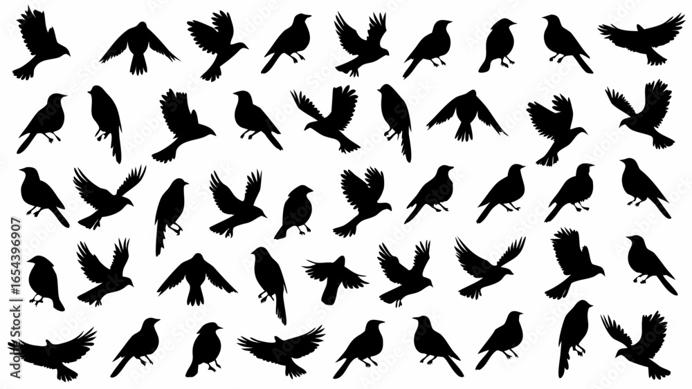 Silhouette pattern featuring multiple birds in various poses of flying and perching alike