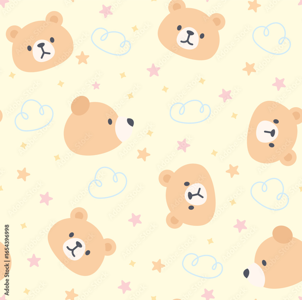 Cute teddy bear face seamless pattern for kids with pastel clouds and stars on cream background Cute teddy bear face seamless pattern for kids with pastel clouds and stars on cream background