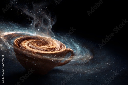 Fantasy image of a coffee cup forming a glowing galaxy swirl with stars, steam, and cosmic dust in deep space.
