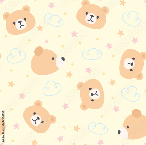 Cute teddy bear face seamless pattern for kids with pastel clouds and stars on cream background