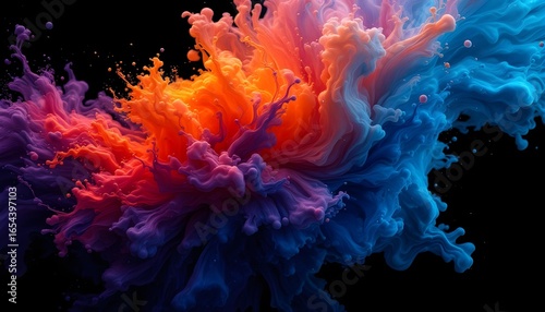 Abstract macro photography of swirling, colorful ink dropped in dark water, creating abstract organic shapes and clouds. AI generated