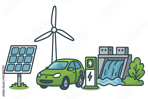Renewable energy sources concept. Green power technology with solar panel, wind turbine, hydroelectric dam and electric car charging station. Sustainable transportation vector.