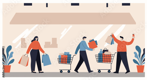 Stylish flat vector illustration depicting happy people doing shopping together