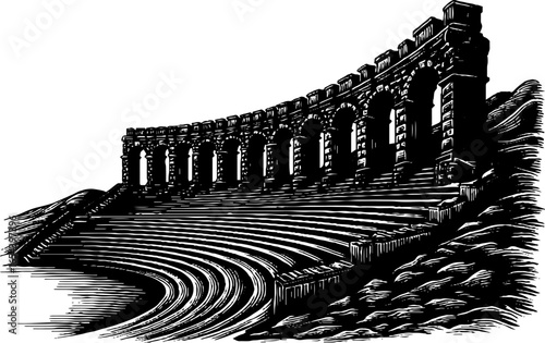 Vintage hand-drawn engraving of amphitheatre ruins silhouette for retro design projects