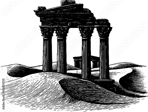 Engraved illustration of ancient ruins buried in desert sands