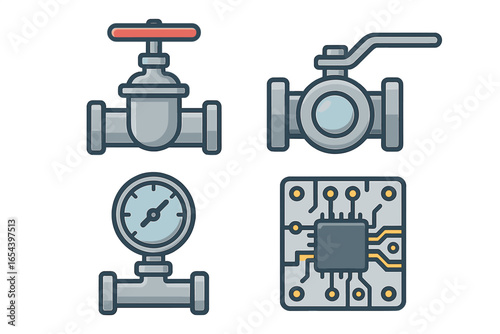 Industrial mechanical component engineering vector set with gate valve, ball valve, pressure gauge, circuit board, plumbing and pipeline technology, manufacturing process, clean cartoon illustration