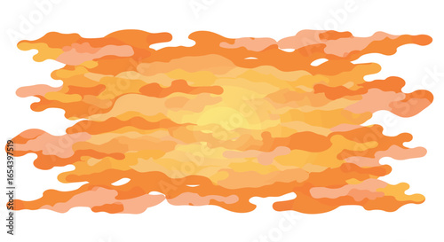 An orange and yellowlayered cloudscape graphic with a semivisible sun center