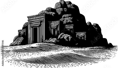 Ancient ruins buried in sand - vintage engraved illustration for historical design