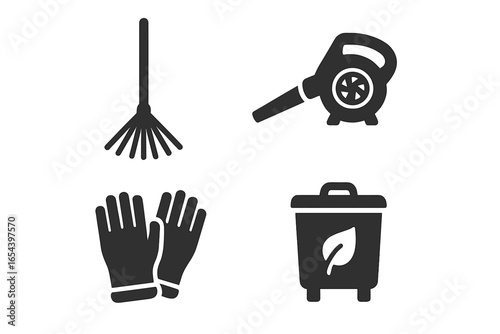 Gardening tool icon set for autumn cleanup. Vector glyphs of a rake, leaf blower, gloves, and compost bin. Yard work, landscaping, and recycling symbols. Solid icons.