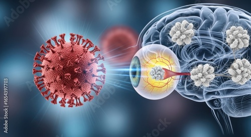 Conceptual illustration of COVID19 virus triggering Alzheimer'slike amyloid plaque formation in the brain and eyes highlighting the connection between viral infection and