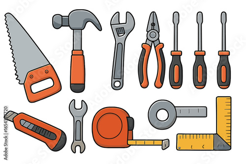 Hand Tools Set Vector Illustration. Cartoon Workshop Equipment Including Hammer, Saw, Wrench, Screwdriver, Pliers, Tape Measure, Utility Knife, Square. DIY Construction Repair Concept Isolated