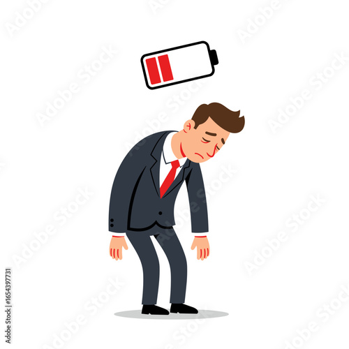 Exhausted businessman feeling drained with a low battery symbol, ideal for stress management resources, workplace wellness programs, and motivational materials 