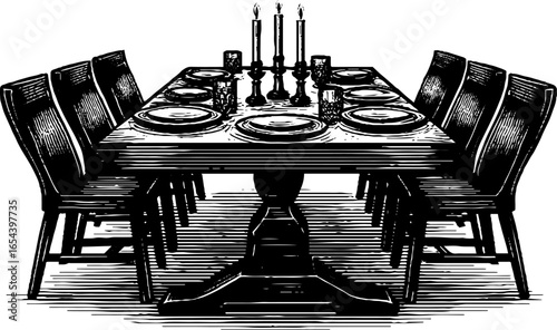 Vintage art deco dining room table setting engraving for retro design