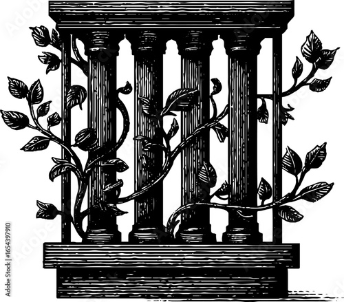 Art nouveau wrought iron design with vines and columns engraved illustration