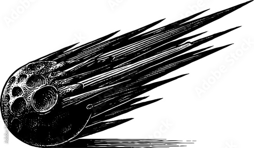 Vintage engraved illustration of asteroid in black bold lines for design projects