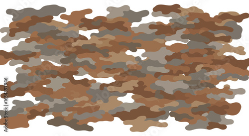 Camouflage pattern brown tan gray irregular shapes cover a white background
