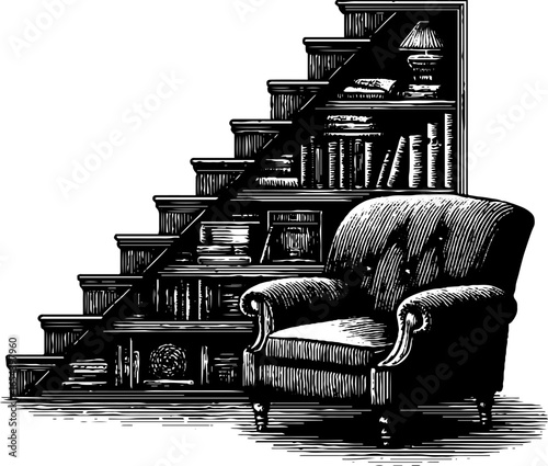 Cozy attic reading nook with elegant armchair and bookshelves - vintage engraved design for relaxation space