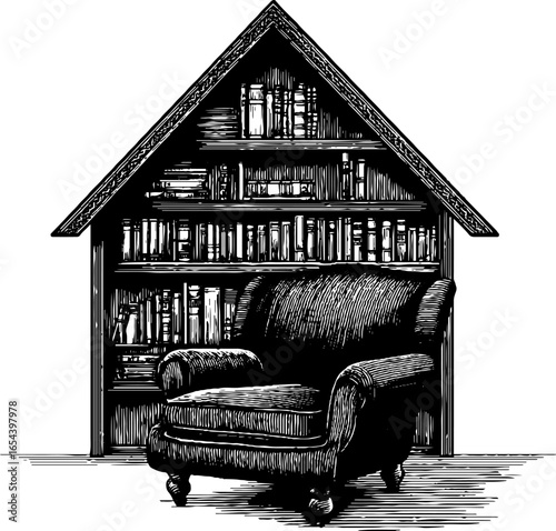 Vintage engraved illustration of attic reading nook with cozy armchair and bookshelf
