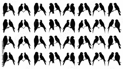 Silhouette pattern showing pairs of birds perched on branches in a repeating arrangement design