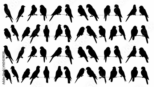 Silhouetted birds perched on wires creating a visually striking and repetitive pattern across the image plane