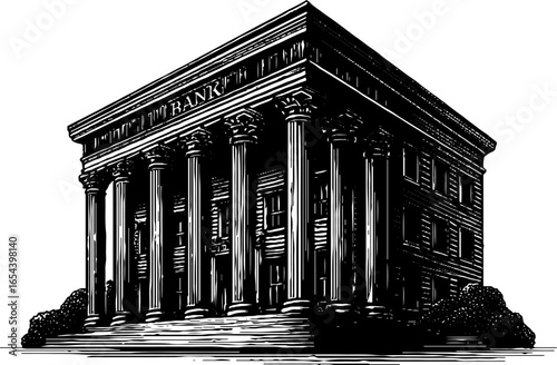 Vintage engraved illustration of classical bank building with columns for architectural design
