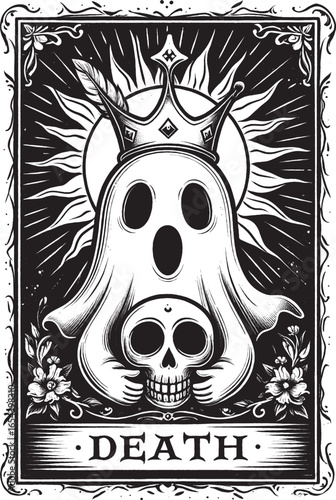 Death Tarot Card with Skull and Crown Illustration in Occult Style