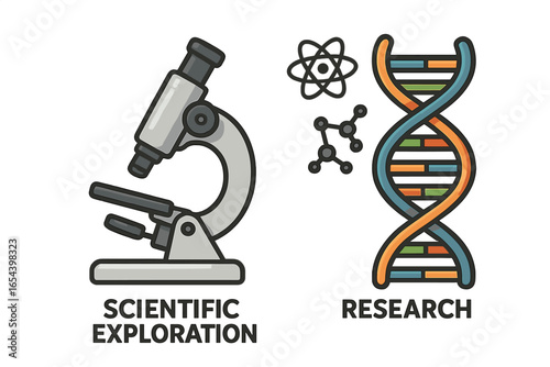 Vector illustration of microscope, DNA strand, atomic model, molecules, scientific exploration and research icons, genetics, molecular biology, laboratory science, cartoon design, isolated