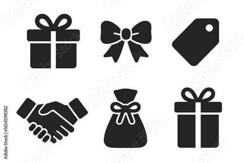 Gift exchange icon set. Solid glyph icons of giving and receiving presents. Vector symbols for celebration, holiday, birthday, or Christmas. Includes gift box, ribbon bow, tag, and handshake.
