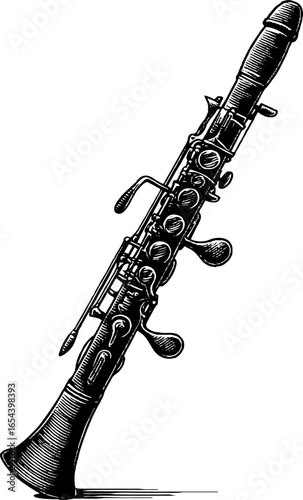 Intricate engraving of a bassoon in black bold lines for retro design projects