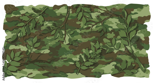 Camouflage pattern with leaves overlaying a greenbrown abstract background