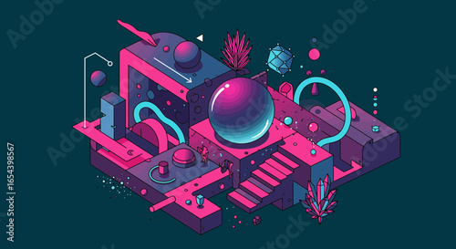 Isometric illustration of abstract architecture with vibrant neon colors and dreamy atmosphere