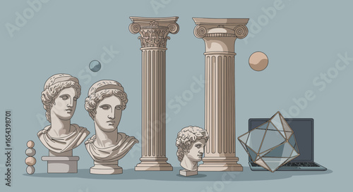Stylized Roman Aesthetic with Antique Sculpture Columns and Modern Technology