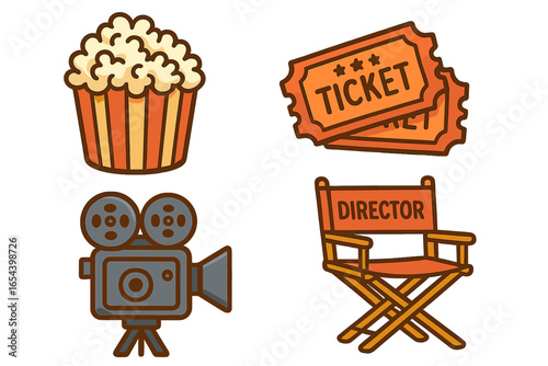 Movie Theater Vector Icons Set. Colorful Cartoon Popcorn, Cinema Tickets, Vintage Movie Camera, Director Chair for Film, Cinema, Entertainment, Festival, Screening, Cinema Advertising