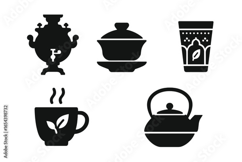 Global tea culture vector icon set. Solid glyph illustration of international teaware. Tea ceremony symbols like Russian samovar, Chinese gaiwan, Japanese tetsubin, Moroccan glass.