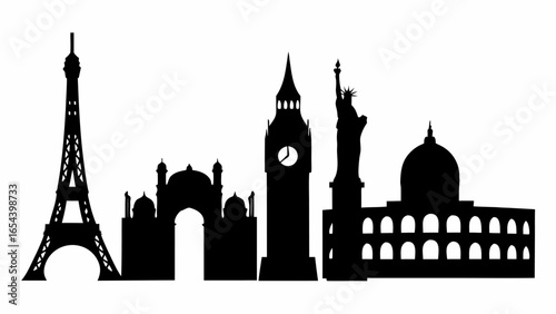 Silhouette depiction of famous landmarks including the eiffel tower big ben and the statue of liberty in black