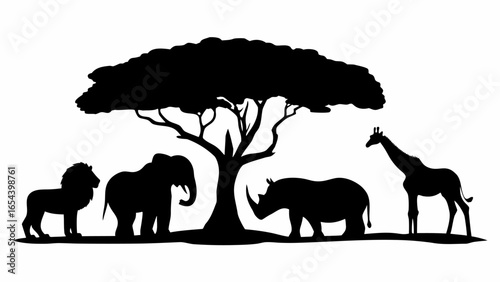 Silhouette of african animals including a lion elephant rhino and giraffe under a large acacia tree image