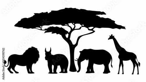 Silhouette of african savanna with lion wildebeest elephant and giraffe under a tree in black and white