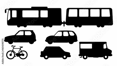 Silhouette illustration featuring a bus with a trailer, cars, a van, and a bicycle on a white background