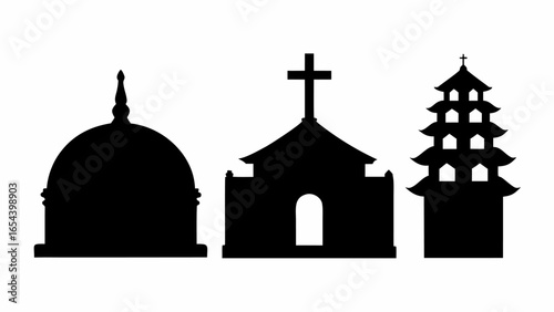 Silhouetted religious structures showcasing a mosque, church, and pagoda against a white background scene