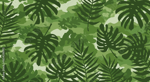 Camouflage pattern with tropical leaves green hues