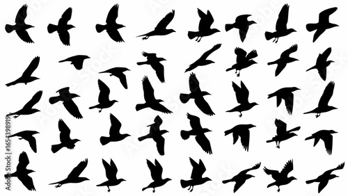 Silhouette illustration showing a multitude of birds in various stages of flight against a white background
