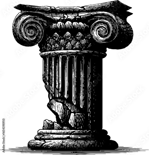 Vintage engraved illustration of a broken column capital for historical art and design