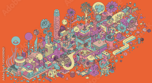 Isometric abstract urban landscape with surreal architecture and nature elements