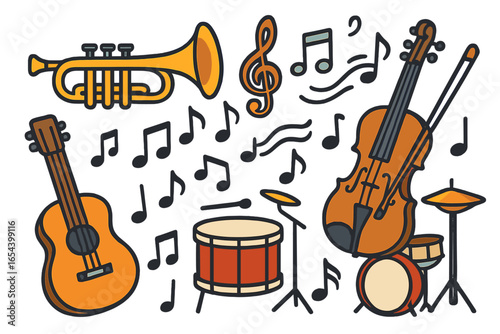 Musical instruments vector illustration trumpet guitar violin drum set cartoon style. Colorful music notes, sound elements, modern design. Jazz band, orchestra, music education, clipart concept.